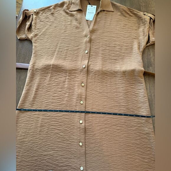 ZARA Textured Maxi Shirt Dress Belted Gold Button Light Brown Size XL NWT - Picture 13 of 13